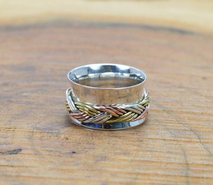 Three Tone <b>Spinner</b> Rope Design <b>Ring</b> 925 Sterling Silver Meditation <b>Spinner</b> Band Handmade Jewelry Gift For <b>Women</b> Daily Wear Use - Product Image 3