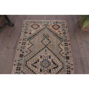 Alfombra Vintage de 2.9x10.4 pies, Alfombra Turca de Lana con Puntos Azules y Marrones - Product Image 4