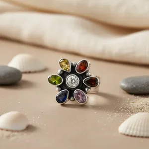 Bague de cocktail pour femme avec grappe de fleurs et diamants multicolores, en argent 925, sertie à griffes, plaquée argent, style bohème, pour usage quotidien - Product Image 2