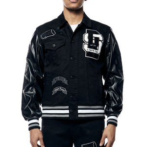 Chaqueta Varsity Negra para Hombre, Mangas de Cuero Sintético, Logotipo Bordado, Cuello Camisero, Estilo Preppy, Corte Regular, Otoño - Product Image 3