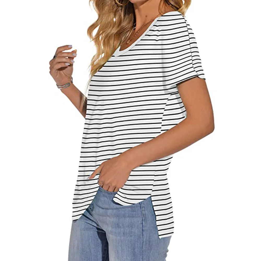 Benutzer definierte gestreifte Scope Neck T-Shirts Damen Scoop Neck Kurz-/Langarm T-Shirts Baumwolle T-Shirts Blusen Tops