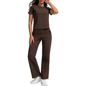 Conjunto de 2 piezas de mezcla de algodón Terry para mujer, camiseta y pantalón informales cómodos y holgados para Primavera/Verano - Product Image 1