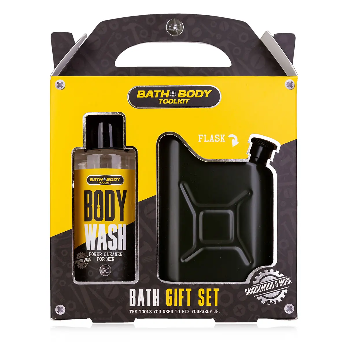 Accentra Geschenkbox Badeset gelb/schwarz Sandalholz-Musk duftendes Bad Körper-Toolkit 100 ml Körperwäsche 115 ml Edelstahl-Hippen