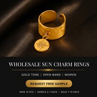 Sonnen-Charm-Ring aus Edelstahl in Goldton, Offener Ring mit Hammerschlag-Optik, Vintage Französischer Stil für Damen, Großhandel