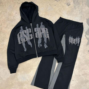 Ensemble jogging pour homme en coton 100% avec capuche zippée et pantalon évasé contrasté, 2 pièces, personnalisé pour l'hiver - Product Image 1