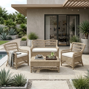 Natural Woven <b>Rattan</b> Outdoor <b>Sofa</b> Set 4 Piece Lattice Loveseat Armchairs Rectangular Coffee Table Setup Pure Art Design - Product Image 4