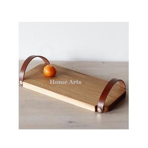 Bandeja de Madera de Diseño Clásico para Servir Alimentos con Asas de Cuero, Hecha a Mano, Forma Rectangular, Bandeja para Té y Café - Product Image 1