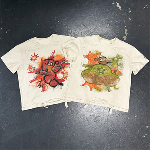 Camisetas Vintage con Logotipo Personalizado, Estilo Desgastado, Apliques, Roturas, Costuras, Lavado Ácido, 100% Algodón, Corte Regular, Manga Corta para Hombre - Product Image 2