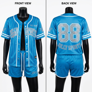 Ensemble short et maillot de baseball pour femme, 190 GSM, maille polyester respirante, bleu ciel, bordure noire, logo personnalisé, ensembles pour femmes - Product Image 3