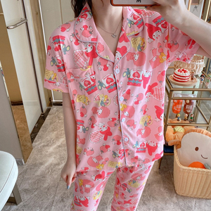 Ropa de dormir de manga corta para mujer, pantalones largos, conjuntos de 2 uds., pijamas de dibujos animados, ocio, solapa dulce coreana con botón, ropa de casa para mujer - Product Image 2