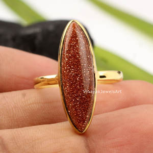 Anillo Fino para Mujer de Plata de Ley 925 con Baño de Oro de 18k, con Marquise Largo de 8x25mm de Piedra Dorada Marrón y Bisel Vermeil, de Venta Caliente - Product Image 1