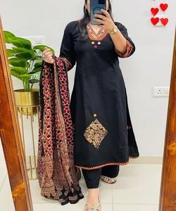 FANCY RAYON SLUB APPLIQUE WORK TOP-BOTTOM with DUPATTA FESTIVE WEAR IN-STOCK COTTON BLEND MULTI COLOR <b>Women's</b> Ethnic Garment - Product Image 1