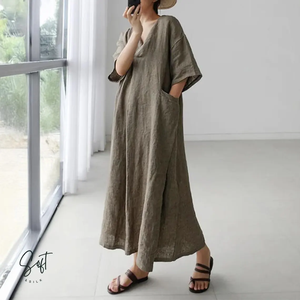 Robe caftan en lin pour femme coupe ample col en V été Maxi avec poches Style Boho minimaliste 100% coton Robe - Product Image 6