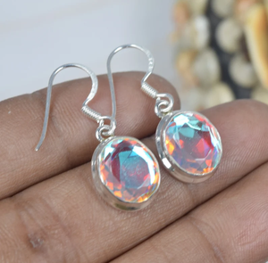 Nouveau Design arc-en-ciel mystique Quartz 925 en argent Sterling à facettes pierres précieuses crochet boucle d'oreille bijoux faits à la main forme ovale prix usine - Product Image 3