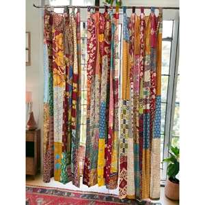Vintage Indian Kantha Embroidered Patchwork Sari 100% Cotton Boho Window Door <b>Drapes</b> Upcycled <b>Curtains</b> & Valances - Product Image 4