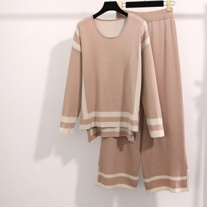 Conjunto de punto elegante para mujer, Top de manga larga con empalme a rayas y cuello redondo, pantalones de pierna ancha, traje informal de oficina para mujer, suéter suelto, ropa de casa - Product Image 2