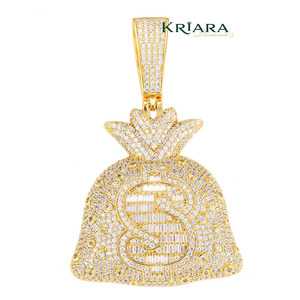 Pendentif Sac à Monnaie avec Pierres Moissanite, Argent 925 Rhodié et Plaqué Or 14K, Style Hip Hop, Breloque Unisexe - Product Image 5
