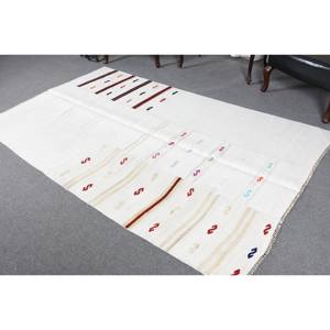 Tapis moderne en laine blanche 5.1x8.4 pieds Design rayé et patchwork turc pour décorations de salon soutenu en latex - Product Image 3