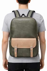 Sac à dos classique en cuir véritable bicolore, design rétro, pour l'école et l'usage quotidien, avec fermeture éclair et poche avant avec boucle - Product Image 6