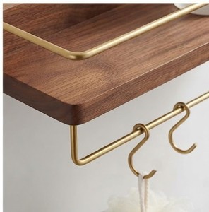 Acacia Wood <b>Wall</b> <b>Mounted</b> <b>Shelf</b> with Brass Towel Bar Minimalist Bathroom Storage Rack Single Tier Rectangular Design Durable - Product Image 3