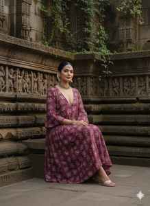 Robe midi à imprimé numérique floral marron, col en V, manches bouffantes, coton, été, femme, ethnique, bohème, artisanale indienne, naturelle, lavable - Product Image 4