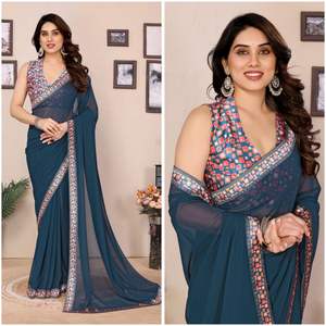Chemisier en satin Georgette et dentelle avec motif floral Impression numérique Saree quatre saisons écologique pour toutes les occasions - Product Image 6