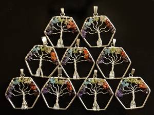 Hecho a mano Seven Chakra Tree Life Cabochon colgante hexágono plateado alambre envuelto curación cristal piedra preciosa boda clásica - Product Image 2