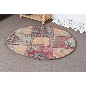 พรมสไตล์ตุรกีโบราณโบฮีเมียนสีเบจสีแดงขนาดใหญ่3.3ft x 3.3การออกแบบการเย็บปะติดปะต่อกันวัสดุขนสัตว์น้ำยางสำหรับห้องโถงห้องข้างเตียง - Product Image 3