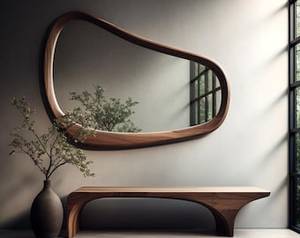 KALATRI Miroir de courtoisie mural fait main, écologique et léger de style Art déco Design ondulé Asymétrique Irrégulier Noyer véritable - Product Image 2