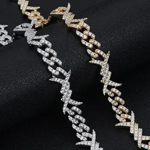 Cadena cubana de eslabones de 10 mm con moissanita y alambre de púas, de plata de ley 925, estilo hip hop punk, collar de lujo para hombre - Product Image 1