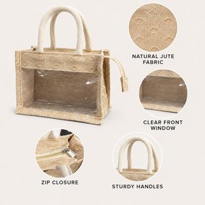 <b>Mini</b> Double Diamond Juco Jute Window <b>Gift</b> <b>Bag</b> with Zipper and Rope Handles 8 x 5.5 x 4 Inch - Product Image 3