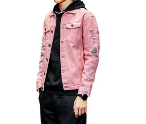 Longue veste en jean de coton extensible pour hommes, fabriquée sur mesure, hiver, col montant avec logo sur le devant Options de taille disponibles - Product Image 1