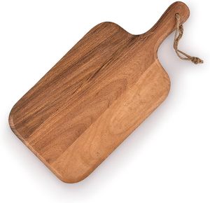 Planche à charcuterie écologique en bois d'acacia avec poignée pour servir de la viande, du pain et du fromage. - Product Image 3
