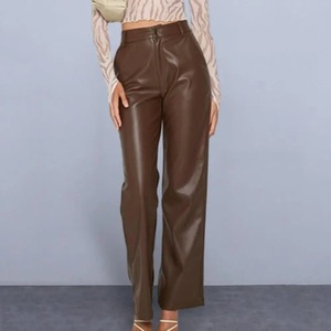 Pantalon taille moyenne taille haute pour filles Pantalon droit en faux cuir marron avec poches Vêtements d'hiver - Product Image 3