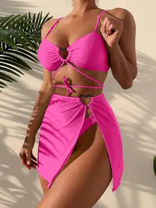 PASUXI Personalizado 2024 Novo 3 Peças Swimwear Sheer Dress Mulheres Triângulo Top High Rise Bikini Plus Size Swimsuit Set