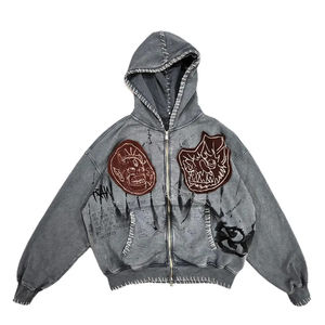 Sudadera con capucha y cremallera Vintage con lavado ácido y logotipo personalizado para hombre - Product Image 1