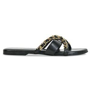 2024 Summer Fashion Comfortable Low Heel Mid Heel Leather Black Milky-White Flat Sandals With Golden Chain for Women and Ladies - Product Image 4