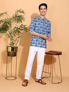 เสื้อคุर्ตาแขนยาวสีน้ำเงินสำหรับผู้ชาย ทำจากผ้าฝ้ายพิมพ์ลายด้วยมือ คอเสื้อแบบเนห์รู พร้อมลายปัตติแบบเรียบง่าย ดีไซน์ทันสมัย เหมาะสำหรับสวมใส่ในชีวิตประจำวัน - Product Image 3