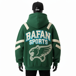 Sweat-shirt pour homme de qualité supérieure 350 GSM en tissu polaire doux vert avec panneau sportif blanc, logo brodé en chenille personnalisé, sweat-shirt basique - Product Image 3