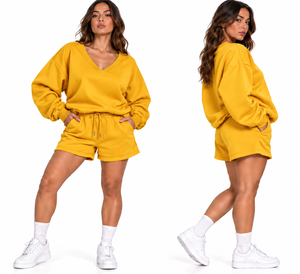 Conjunto de Sudadera y Pantalones Cortos Oversize para Mujer, Color Gris, Cuello en V, Corte Holgado, Informal, 2 Piezas, con Cordón Ajustable y Bolsillos Laterales - Product Image 6