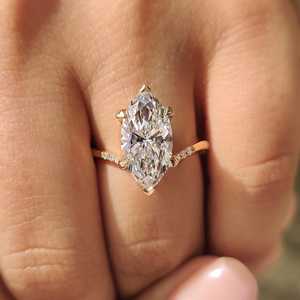 Elongated Marquise Lab Grown Diamond Solitaire <b>Ring</b> with Diamond Pave Band in 14K Yellow Gold Modern Bridal Wedding Fine Jewelry - Product Image 1