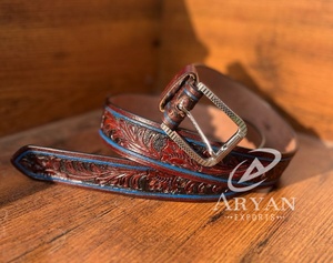 El más vendido, cinturón floral occidental de cuero labrado a mano a la moda de vaquero para hombre, cinturones de cuero genuino marrón Premium tallados a mano - Product Image 1