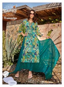 Lo último en ropa india y pakistaní con estampado digital de trabajo bordado de tela pesada Chinon-Conjuntos de pantalones Kurti Dupatta Santoon - Product Image 5