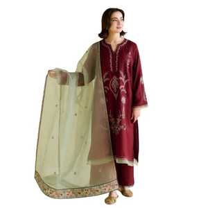 Conjunto de Salwar Kameez de estilo paquistaní indio de Invierno para mujer, secado rápido, transpirable, tela de lino 100%, cremalleras de encaje de Color sólido - Product Image 1