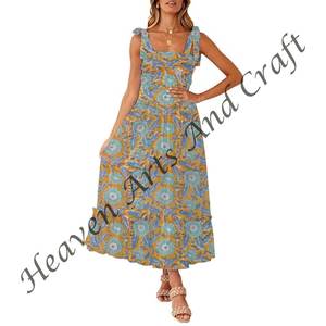 Precios asequibles Ladies Resort Wear Boho Fashion Sin mangas Block Print Gypsy Fashion Hand Block Print Spaghetti Strap Dress - Product Image 5