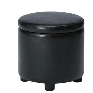 Reposapiés Otomano Redondo Pequeño, Tapizado en Cuero Sintético con Asiento Acolchado de Espuma y Patas de Metal, Color Negro Brillante - Product Image 1