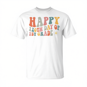 T-shirt retrò per bambini per il 120° giorno di scuola della prima elementare, girocollo, manica corta, unisex, stampata serigrafica - Product Image 2