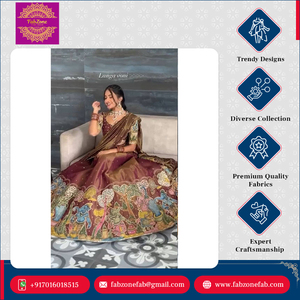 Lehenga choli kalamkari พิมพ์ลายพื้นเมืองอินเดียหรูหราผ้าจาริสำหรับงานแต่งงานงานปักผ้าโอกาสพิเศษ - Product Image 3