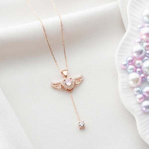 NOVAMART Fine Hallmark Romantic Winged Heart Necklace <b>Silver</b> Rose Gold Plated in Zinc Alloy Featuring Pink Pearl <b>Box</b> <b>Chain</b> Trend - Product Image 4