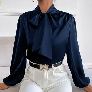 Último diseño Navy Ladies Office Blusas Ropa de moda Mujeres Tie Neck Blusa Satén Blusa de manga larga - Product Image 6
